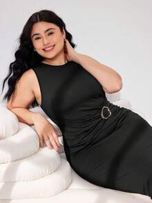 Solflare Plus Size Women Long Metallic Buckle Decor Dress, Spring/Summer - Black - View 1