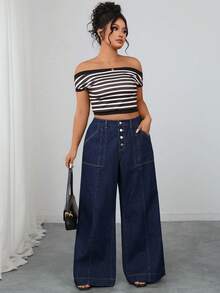Elenzga Quần jeans ống loe màu xanh đậm không co giãn, thanh lịch và thoải mái dành cho nữ cỡ lớn, mùa thu/đông - Rửa tối - Xem 2
