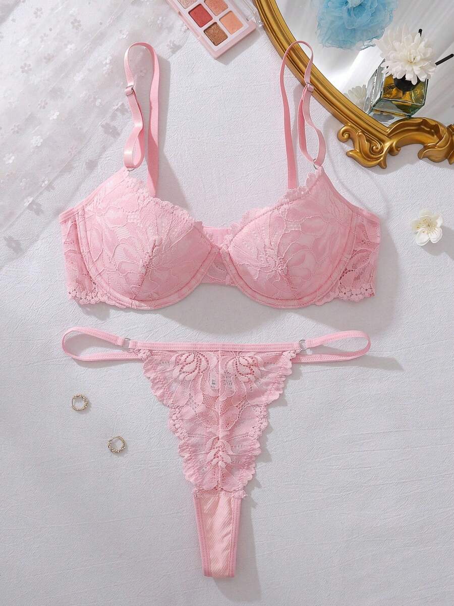 Floral Lace Underwire Bra & Panty Sexy Lingerie Set - Pink - View 1