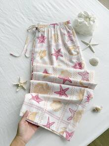 Comfortcana 大码女式海星印花抽绳腰直筒宽松休闲裤 - 粉色 - 查看 7