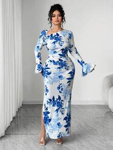 Elenzga 大码不对称领口长袖印花连衣裙 - 藍色 - 查看 5