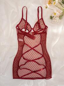 Heart Pattern Mesh Racerback Underwire Nightgown, Sexy For Going Out - Red - View 2