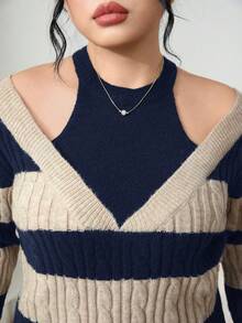 Modelyn Áo len hở vai kẻ sọc màu tương phản cỡ lớn, phong cách đường phố cho mùa thu - Màu xanh hải quân - Xem 6