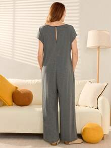 Momelise Plus Size Women's Solid Color V-Neck Button Design Pocket Wide Leg Casual Jumpsuit - Grey - View 3