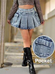 Young Girl' Y2k Blue Denim Pleated Skirt,Fall Clothes,Winter Clothing ,Casual And Fashionable Vacation Outfits,Street Wear,2000s Style  ,Christmas Clothing,Young Girl Denim  Skirt,Work Pockets Skirt,, Pleated Skirts