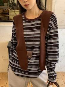 DAZY Autumn New Striped Women Round Neck Drop Shoulder Long Sleeve Casual T-Shirt - Burgundy - View 6