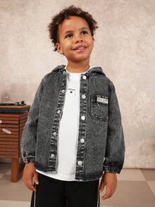 SUMWON Camisa con capucha de mezclilla para niños, abotonada, de manga larga, chaqueta casual con capucha, lavado vintage para otoño e invierno, para vacaciones - Negro - Ver 4