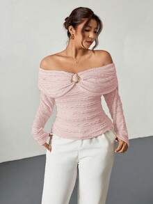 Firerie Plus Size Women Off-Shoulder Ruched Fitted Metallic Decor Textured Long Sleeve T-Shirt,Elegant,Dusty Pink,Autumn,Wedding Ninang Casual Spring Top - Pink - View 1