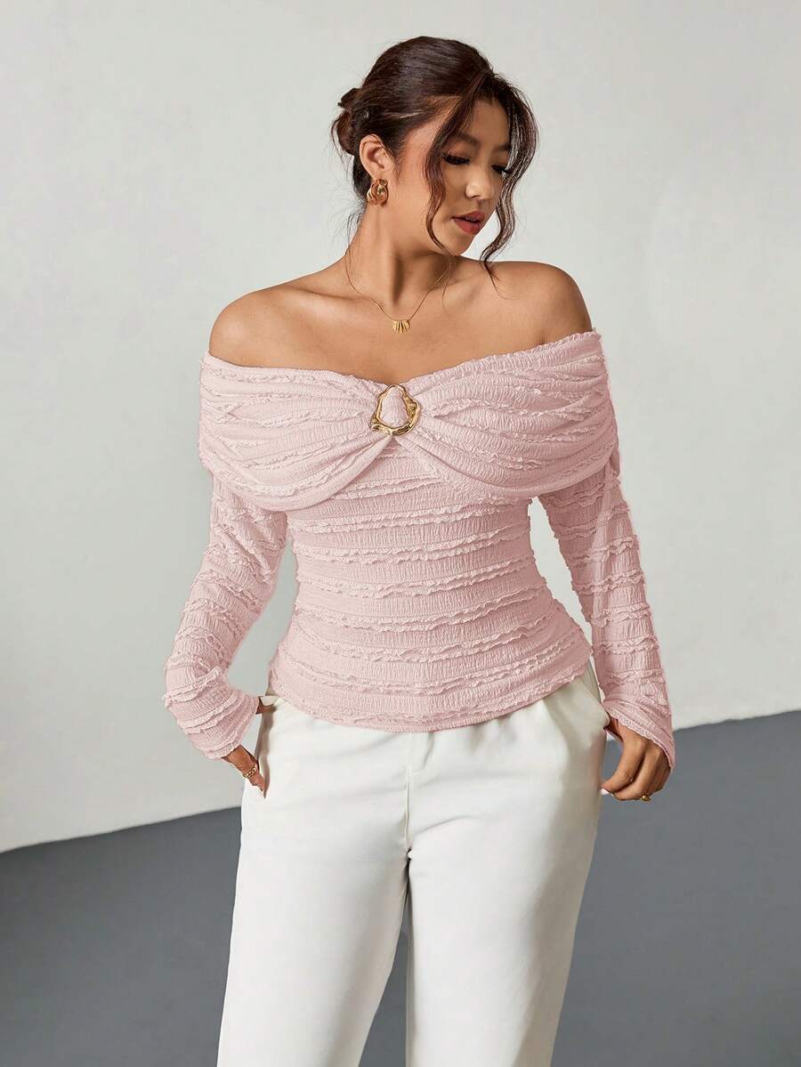 Firerie Plus Size Women Off-Shoulder Ruched Fitted Metallic Decor Textured Long Sleeve T-Shirt,Elegant,Dusty Pink,Autumn,Wedding Ninang Casual Spring Top - Pink - View 1