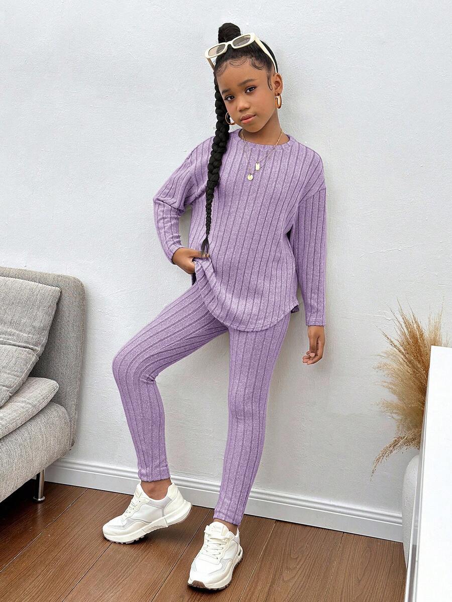 SHEIN Tween Girl Drop Shoulder Ribbed Knit Tee & Leggings Textured Fabric Two Pieces - Purple - View 1