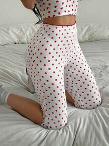 SHEIN EZwear 女士波点松紧腰休闲打底裤 - 白色 - 查看 4