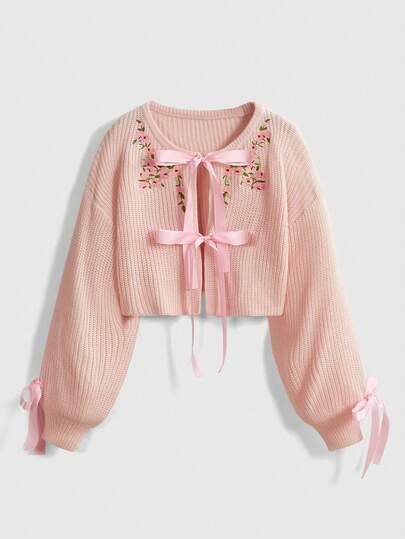 Fairycore Pink Sweet Romantic Floral Embroidery Cropped Bow Lightweight Cardigan, Elegant Sweet Girly Plus Size Cardigan, Pink Knit Cardigan
