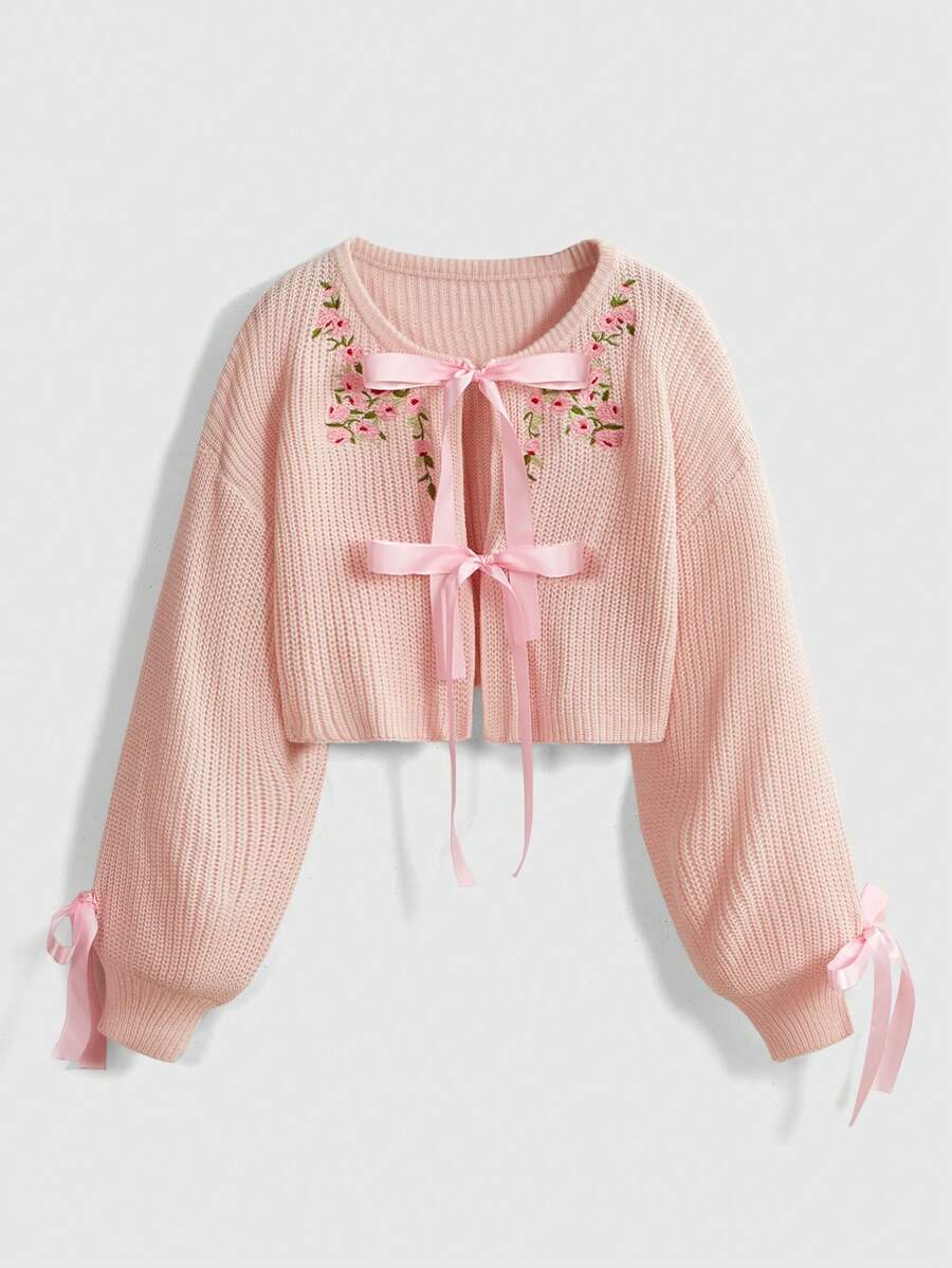 ROMWE Fairycore 粉色甜美浪漫花卉刺绣短款蝴蝶结轻薄开衫，优雅甜美少女加大码开衫，粉色针织开衫 - 淺粉色 - 查看 1