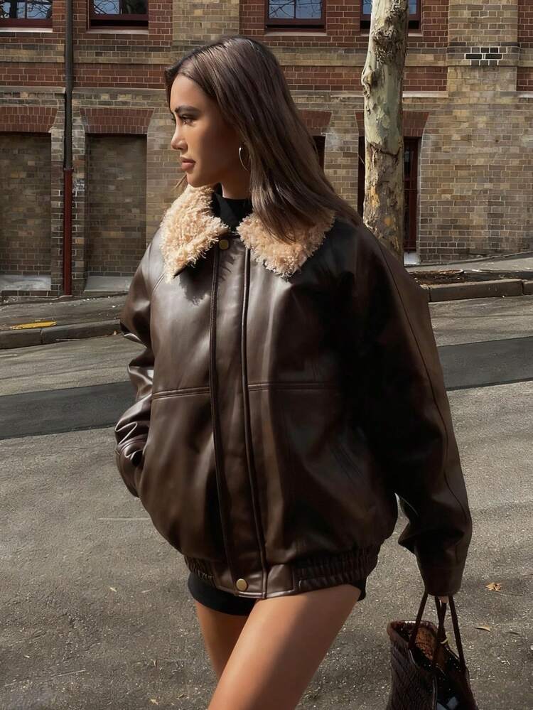 Women's Contrast Color Faux Shearling Collar Raglan Sleeve PU Leather Loose Casual Winter Jacket Women Coats