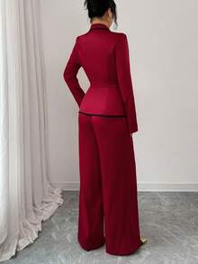 SHEIN Tall 两件套女士时尚撞色修身外套+纯色裤子套装 - 紅色 - 查看 2