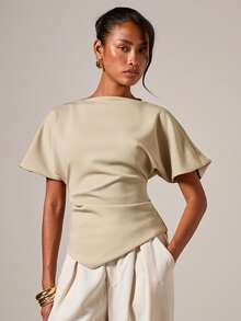 COSMINA Women's Elegant Ruched Round Neck T-Shirt, Suitable For All Seasons Neutral Tops - Khaki - View 3