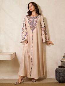 Al Najma Women's Floral Print V-Neck Long Sleeve Loose Arabic Style Dress Kaftan Jalabiya Dress - Apricot - View 7