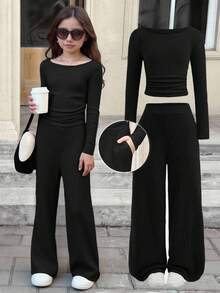 SHEIN Serisse Kids 少女秋冬休闲时尚百搭罗纹露肩/露肩两穿T恤套装，带口袋，搭配直筒裤，适合周末、休闲外出、返校季穿着。 - 黑色 - 查看 6