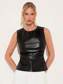 COSMINA Blusa de cuello redondo sin mangas con pliegues para mujer, versátil para ir al trabajo y la oficina, para todas las estaciones - Negro - Ver 1