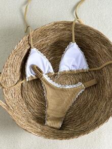 Swim Mod Conjunto de bikini con triángulo de tela con textura de trigo beige para vacaciones de verano en la playa - Multicolor - Ver 3