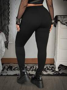 Whyspr Plus Size Metal Contrast Lace Gothic Knit Elastic Sexy Leggings