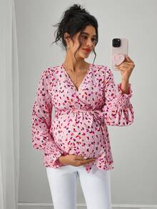 SHEIN Women's Floral Print V-Neck Tie Front Maternity Nursing Blouse, Autumn - Pink - View 7