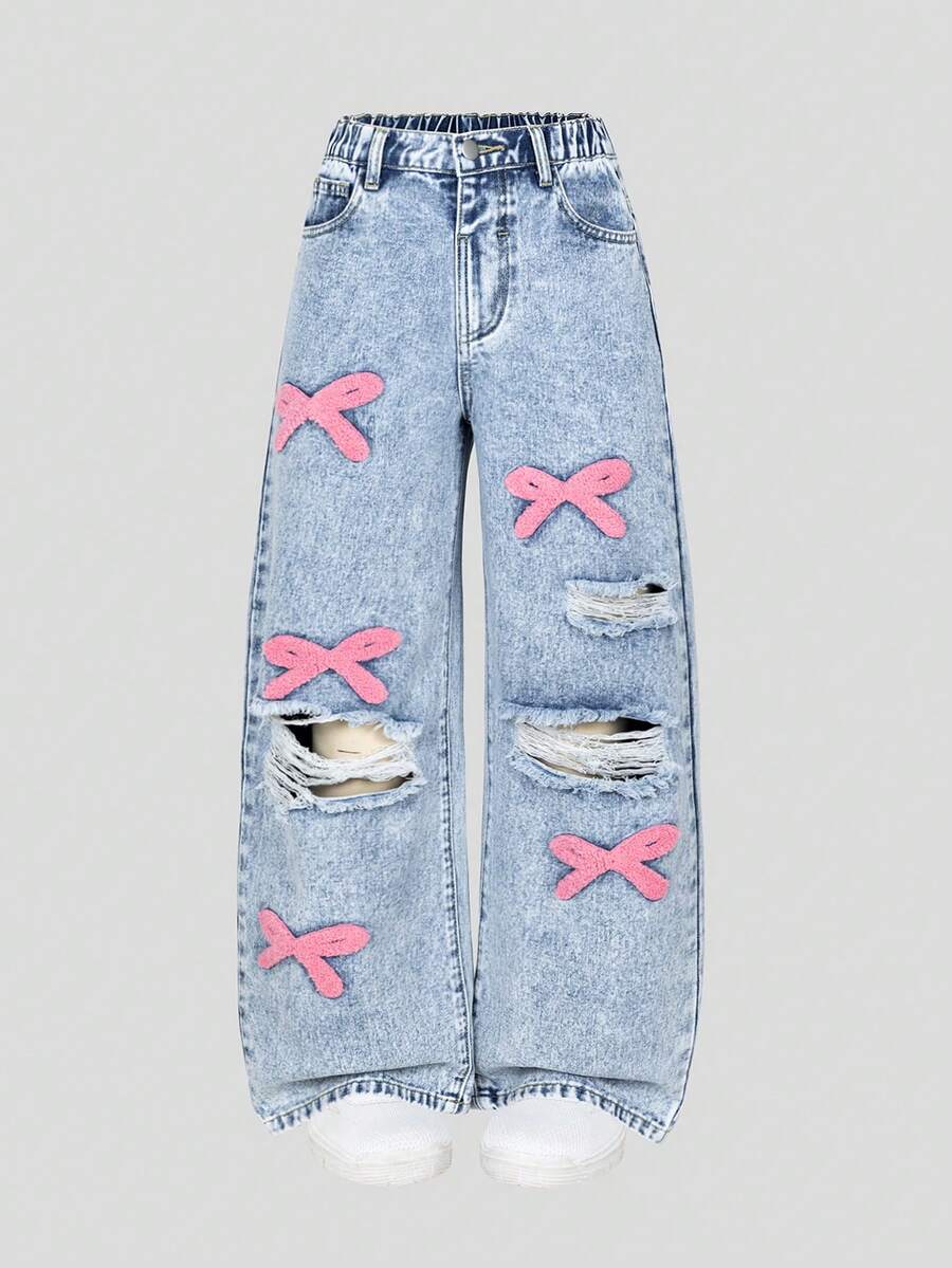 SHEIN ChillGRL Quần Jeans Denim Cho Bé Gái Tuổi Teen, Phong Cách Y2K Thêu Nơ Hồng, Ống Rộng Rộng, Chất Cotton Thoải Mái, Thích Hợp Mặc Hàng Ngày, Đi Học Và Đi Làm, Mọi Mùa - Rửa nhẹ - Xem 1