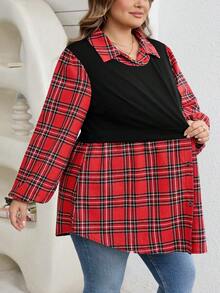 SHEIN CURVE+ Große Größen Stehkragen Karomuster Langarm Laterne Ärmel Strick Kontrastnaht Lässige Loose Bluse Hemden, Büromode Damen, Zwei Teile in einem mit Knopfverzierung/Herbst/Winter - Rot und Schwarz - Übersicht 4