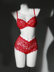 2pcs Lace Underwire Sexy Lingerie Set (Without Panty) For Women - Red - View 6