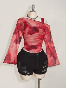 SHEIN ICON 大码女式扎染图案二合一上衣 - 酒紅色 - 查看 5