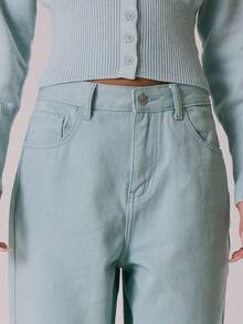 MUSERA High Waist Straight Leg Blue Wash Denim Jeans Casual Cute Winter Cosy Coco Cloud - Baby Blue - View 5