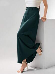 Heiryn Chân váy chữ A lưng cao thanh lịch, đơn giản, màu trơn dành cho nữ công sở - Màu xanh lá cây đậm - Xem 6