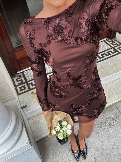 Serisse Women's Floral  Decor Boat Neck Long Sleeve Backless Tie Waist Casual Mini Dress Sheer Floral Mini Dress Long Sleeve Back Tie Dress Brown Elegant Mini Dress See Through Floral Dress,Brown Mesh Floral Jacquard Fitted Elegant Mini Dress,Going Out Dress,Suitable For Party Occasions Fall/Winter Brown Dress ,Elegant Dresses For Women, Chic Dress, Wedding Guest Dress Women, Bridesmaid Dresses Winter Evening Dress,New Year's Eve Outfits, Elegant Party Outfit, Luxury Evening Outfit For Women Spring