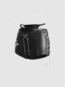ROMWE Avant Bộ bikini 2 mảnh bó sát lưng thấp trang trí da PU phong cách Retro Gyaru Biker dành cho nữ - màu đen - Xem 6