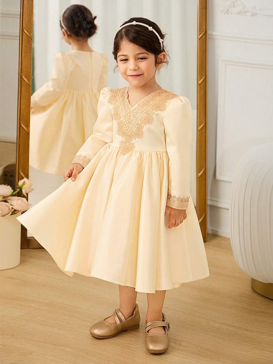 Glamorique Kids Champagne Long Sleeve Satin Embroidered Flower Girl Dress For Baby Girls,Elegant White Summer Birthday Party Gown,Ruffle Hem Princess Performance - Champagne - View 1