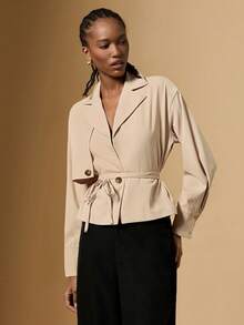 Briarwyn Eleganter einfarbiger Trenchcoat für Damen, beige, Herbst, langärmlig, gewebter Stoff mit Gürtel, Büro-Lässig, reguläre Länge, modische vielseitige Oberbekleidung - Weiss - Übersicht 7