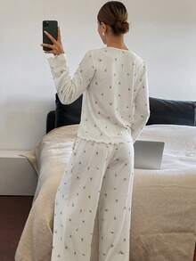 DAZY 碎花长袖长裤女士睡衣套装 - 卡其色 - 查看 2