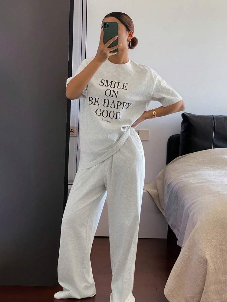 Letter Print Loose Short Sleeve Top And Pants 2 Pieces Casual Suit For Women
