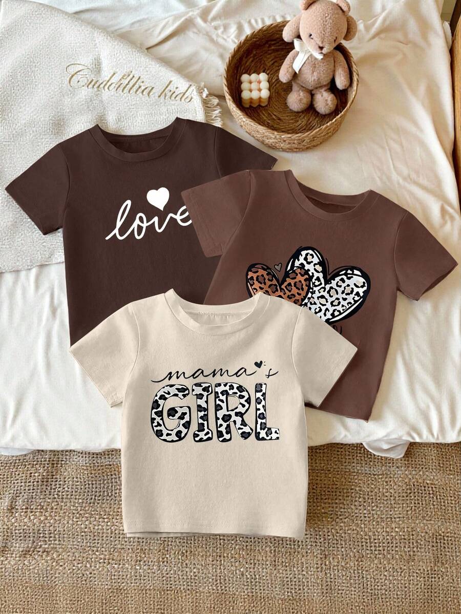 Bộ 3 áo thun cổ tròn tay ngắn tối giản thường ngày cho bé gái, thích hợp mặc mùa hè, màu mơ, nâu, cà phê, trái tim, tiếng Anh, họa tiết da báo, thích hợp mặc đi chơi, trang phục thường ngày cơ bản, tình yêu, áo xuân/hè, đa năng - Nhiều màu - Xem 1