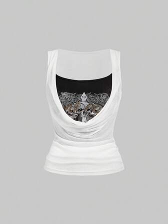 J-Fashion Top de mujer con cuello en pico de doble capa, estampado de calavera y adornos de rhinestone, con estilo vintage y sexy
