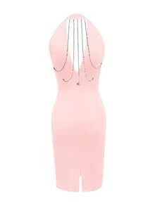 女士夏季新款V领露背链条装饰性感短裙 - 粉色 - 查看 5