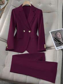 Rafferiza Áo khoác blazer nữ cổ tròn màu xanh vàng trơn cài nút + quần có túi, đa năng cho mùa thu/đông - Màu Đỏ Sâu - Xem 3