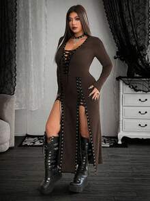 Whyspr Vestido de manga larga con cuello en V profundo y lazo para mujer de talla grande, otoño/invierno - Marrón - Ver 8