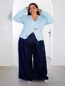 Pretty and Ole Damen Große Größen Strickjacke mit Metallknöpfen und Bindedetail, Langarm, Herbst/Winter - Blau - Übersicht 6