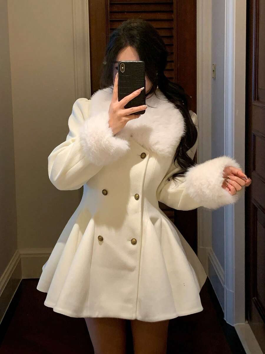 DAZY 女士优雅纯色羊毛领A字大衣，秋冬款 - 米色 - 查看 1