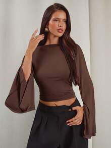 Aloruh Women's Elegant Commuter Solid Color Bell Sleeve Cropped Top,Casual Blouse For Women,Elegant Blouses For Women,Blown Tops Women - Coffee Brown - View 8