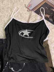 Attitoon 3件套可爱猫咪印花、音乐节明星、西部牛仔牛头字母图案休闲纯色吊带背心，黑/白/灰/咖啡色可选，修身圆领女式上衣，适合夏季穿着 - 彩色 - 查看 4