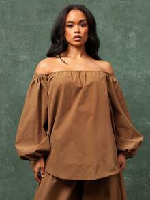 Vixey Elasticized Off Shoulder Long Sleeve Oversized Top - Yellow - View 2