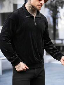 Manfinity CasualCool Men's Casual Everyday Commute Simple Solid Color Ribbed Half-Zip Stand Collar Pullover Sweatshirt Black Vacation - Black - View 3