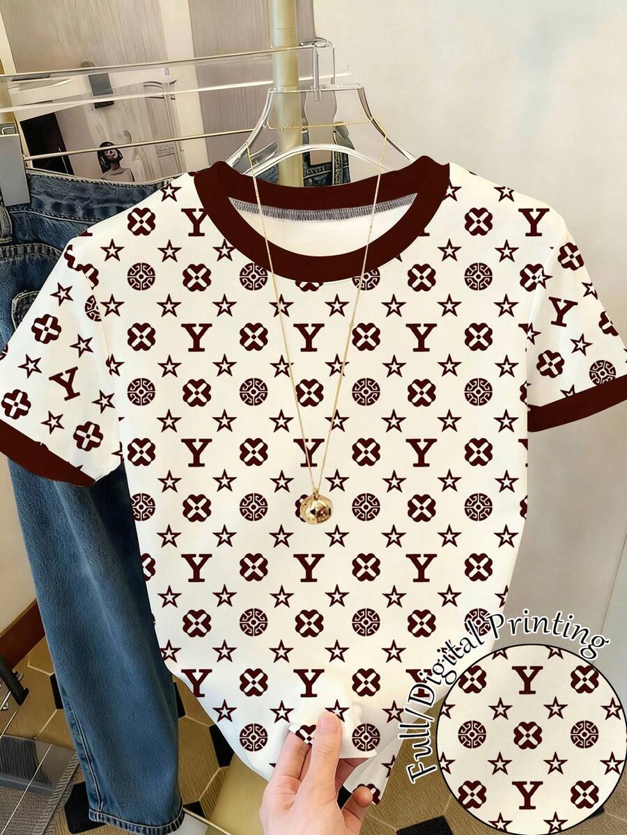 Resyla Áo thun nữ cổ tròn in họa tiết khối màu đơn giản, tay ngắn - Nhiều màu - Xem 1